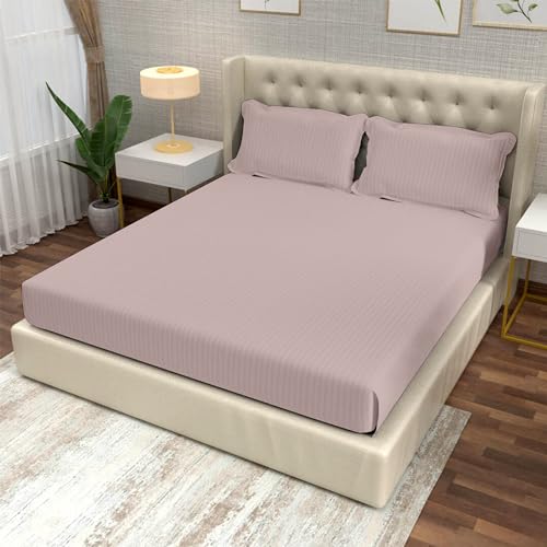 Image of Divine Casa 100% Cotton King Size Bedsheet 210 TC Italian Stripe | Soft Breathable Luxury Bed Sheet with 2 Pillow Covers | Elegant Stripe Bedding Set for Bedroom | 275 x 275 cm (Coffee, Striped)
