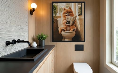 Image of Pomeranian on Toilet Black Framed Wall Art Print Poster, Dog Bathroom Humor Decor Posters Prints for Restroom Home Picture Painting Artwork Gallery 7 (Pomeranian, 14 inchL x 11 inchW, Black Frame)