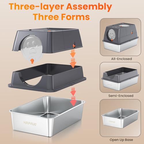 HAPAW 135° Flip-Top Stainless Steel Litter Box with Lid, Extra Large Enclosed Cat Litter Box, Metal Litter Pan with Front & Top Entry, Odor Control, Scoop & Filter Pedal