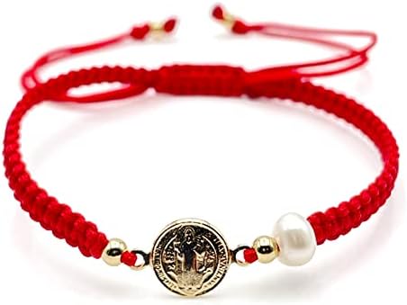 CRUZONE Divine Protection Bracelet featuring St. Benedict Medal and Pearl Red Nylon Woven Adjustable fit for Women