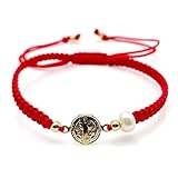 CRUZONE Divine Protection Bracelet featuring St. Benedict Medal and Pearl Red Nylon Woven Adjustable