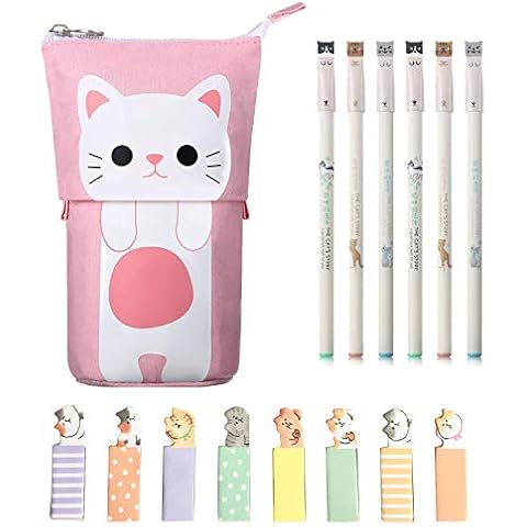 Cute Cat Pencil Case Canvas Telescopic Stand Pencil Holder Stationery Set Includes 1 Pencil Pouch 6 Colorful Cats Design Gel Ink Pens 240 Cute Cat Notes Page Flags Index Tabs Cover