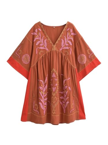 Image of Joiemont Womens Oversized Embroidered Dress with V-Neck and 3 /4 Sleeves Vintage Embroidery Babydoll Dress