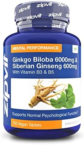 Ginkgo Biloba and Siberian Ginseng, Standardised Ginkgo 6000mg and Ginseng 600mg with Vitamins B3 and B5. 120 Vegan Tablets. 4 Months Supply.