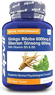 Ginkgo Biloba and Siberian Ginseng, Standardised Ginkgo 6000mg and Ginseng 600mg with Vitamins B3 and B5. 120 Vegan Tablets. 4 Months Supply.