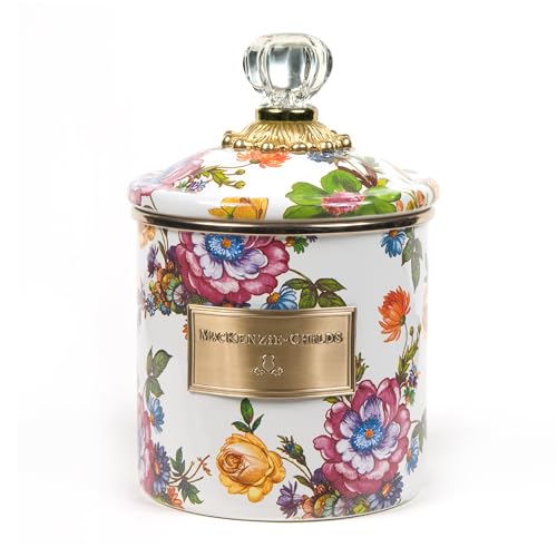 MACKENZIE-CHILDS Small Enamel Canister, Kitchen Storage Container for Flour and Sugar, 1.13 Liters, White Flower Market