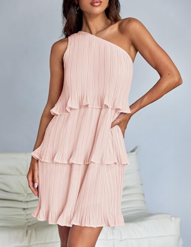 Image of ZESICA Women's 2025 Summer Sleeveless Mini Dress Boho One Shoulder Ruffle Tiered Layered Flowy A Line Dresses