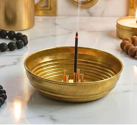 Brass Incense Stick Holder Bowl, Gold Finish, Round