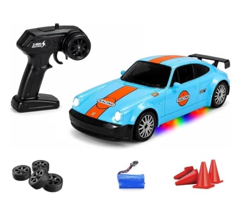 Image of RC Drift Car 4WD High-Speed Remote Control Car with LED Lights 2.4GHz Rechargeable Drift Racing Car with Extra Tires & Cones Toy for kids [Colors as Per Stock] (P-orsce RC Drift -Multicolor)