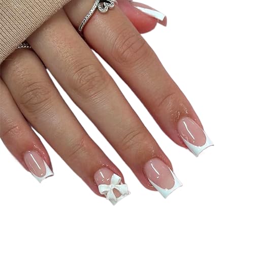 24 Stück Nägel zum Aufkleben Rosa Weiß Bogen Element Fake Nails Süße Schleife Short Square Press on Nails für Nagel Techniker Salon Nail Art Lover DIY
