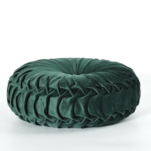 Image of HIG Set of 2 Decorative Round Pleated Throw Pillows, Classy Accent Pumpkin Throw Pillows with Center Button, Vintage Velvet Floor Pillows for Sofa Vanity Chair Bed, Emerald, 14.5 inch Diameter(Ripple)