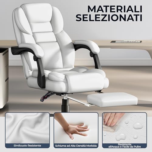 Poltrona Ufficio Ergonomica con Poggiapiedi Sedia da Ufficio in Finta Pelle con Schienale Reclinabile Bloccabile e Braccioli Imbottiti Rotelle Girevole Altezza Regolabile Bianco - Sedia gaming - Immagine 6