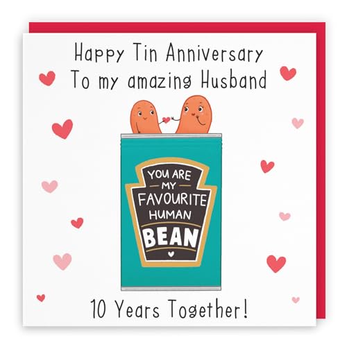 Hunts England - Funny Husband 10th Favourite Human Bean Anniversary Card - Happy Tin Anniversary - To My Amazing Husband - 10 Years Together! - Iconic Collection