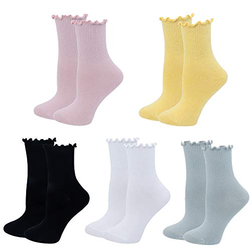 Bellady Cute Ruffle Socks for Women, Funny Cotton Crew Socks, Frilly Ankle Socks Women 5 Pairs, Multicolored