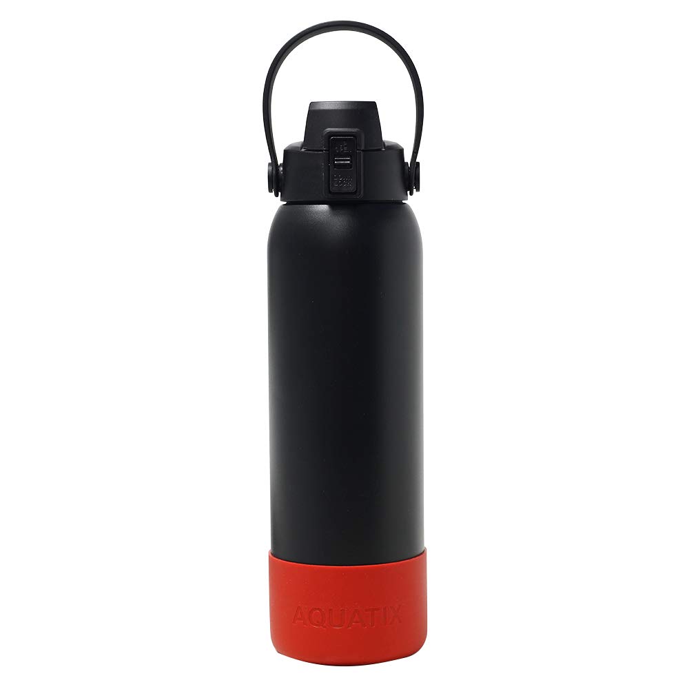 Aquatix Doppelwandige isolierte Flasche mit Silikonstiefel, stoßfest, kratzfest und beulfest, 900 ml, Schwarz