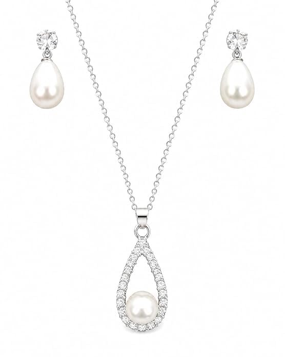 Necklace Set for Women, Cubic Zirconia Teardrop Pendant with Matching Pearl Drop Earrings, Elegant Jewelry Set for Wedding, Party, Anniversary-image-27
