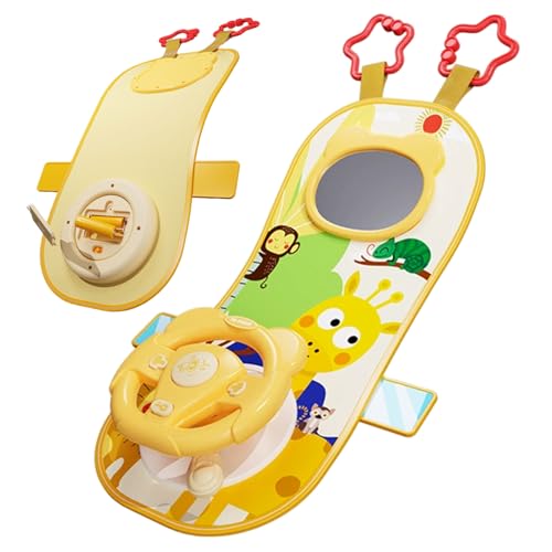 Rear Facing Car Seat Toys, 360° Rotation Baby Steering Wheel Toy with Mirror, Music, Lights and Driving Sounds, 12 Months+ Kids Steering Wheel for Car Backseat, Holiday Statues