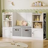 STHYTON Toy Organizer and Storage, Kids Bookshelf with Seat Cushion and Chalkboard, 2 Movable Drawers, Toy Storage Box with Stuffed Animal Storage Cabinet for Kids Room, Playroom, White and Black