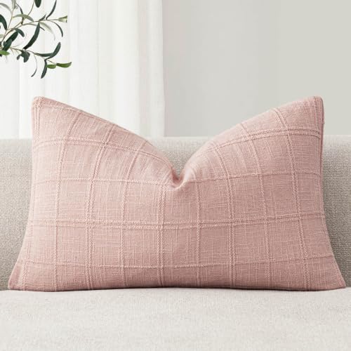 Image of Foindtower Set of 1 Decorative Linen Check Throw Pillow Cover Neutral Farmhouse Lumbar Cushion Cover Modern Coastal Boho Accent Home Decor for Sofa Chair Couch Bed Living Room,12x20 Inch,Light Pink