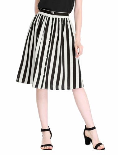 Allegra K Women's Striped Button Front Elastic Back Waist A-Line Midi Skirt2