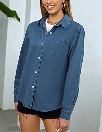 Pj Paul Jones Women Jean Shirt Button Up Classic Collared Denim Blouse Casual Chambray Shirt Coat One Pocket Dark Blue S #TOP4