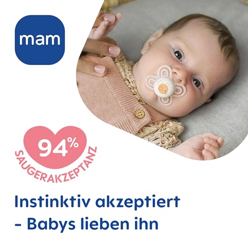 MAM Perfect Start Schnuller im 2er-Set, speziell für Neugeborene, zahnfreundlicher Baby Schnuller aus nachhaltigen & bio-erneuerbaren Materialien, mit Schnullerbox, 0-2 Monate, Biene/Schnecke