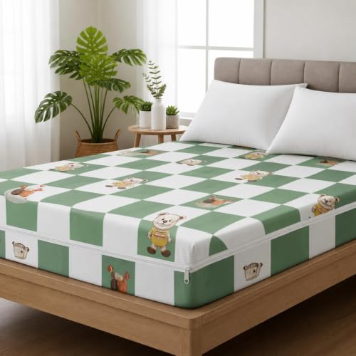 Image of Premium Cotton Printed Mattress Cover /Protector with Zipper Chain|Provides All Around Protection with 360 Encasing | Double King Size Bed - 78x72+8 inches (6.5 x 6 Feet Mattress) Teddy Bear