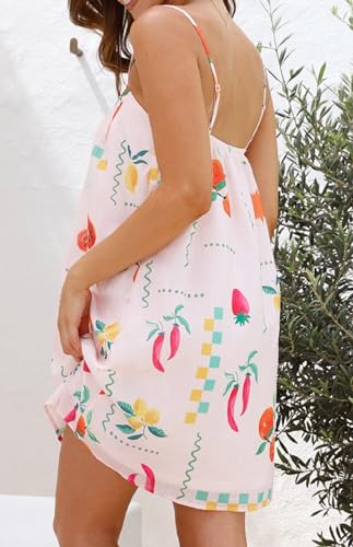 Image of NUFIWI Women Boho Graffiti Cami Mini Dress Spaghetti Strap Printed A Line Short Dress Backless Cut Out Colorful Sundress