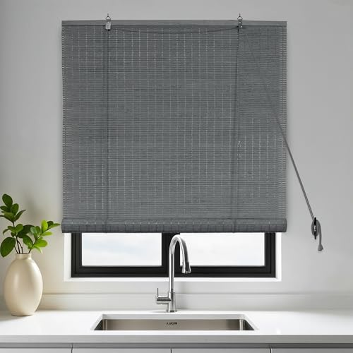Image of HIPPO Bamboo Curtains - W-3 FT X H-5 FT Rope Mechanism Roll Up Down Indoor Bamboo Shade for Sun & Dust Protection for Home Window, Balcony, Restaurant, Hotel, Resort (Grey)
