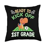 Back To School First Grade Teachers Students Tees Back to School Dinosaur Ready to Kick Off 1st Grade Soccer Throw Pillow, 18x18, Multicolor