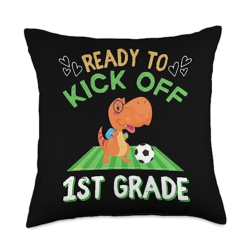 Back To School First Grade Teachers Students Tees Back to School Dinosaur Ready to Kick Off 1st Grade Soccer Throw Pillow, 18x18, Multicolor
