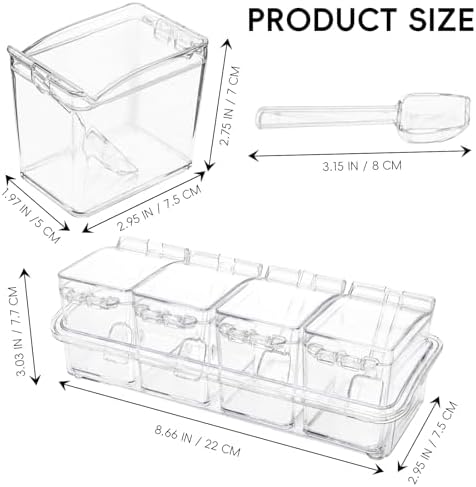 XJMWXHFC Clear Seasoning Box, 4 Pieces Seasoning Rack Spice Pots, Storage Container Condiment Jars Acrylic Seasoning Box with Covers and Spoons for Spice, Sugar, Salt, Sugar, Cardamon, Cinnamon