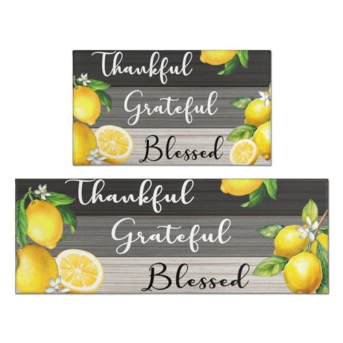 Ghroiep 2 Piece Lemon Kitchen Decor Rugs Set, Farmhouse Country Kitchen Rugs and Mats Non Skid Washable Absorbent Microfiber Kitchen Accessories Decoration Floor Mats 17"x47"+17"x30"