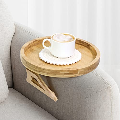 AceList Bamboo Couch Tray Table with Coaster for Couches Arm, Round Couch Arm Table Tray, Natural Sofa Arm Tray Clip On Sofa Arm Table Tray, Couch Arm Tray for Eating, Snacks, Drinks, Remote, Phone