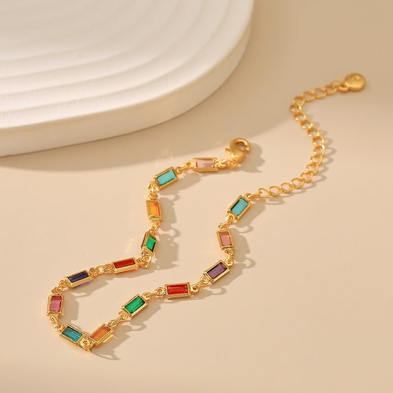 Dainty Rectangular Colorful Rhinestones Glass Chain Link Bracelet for Women Gold Minimalist Handmade Geometric Multicolor Rainbow Diamond Adjustable Bracelets Trendy Jewelry for Her - Image 3