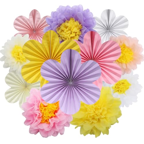 BestoFun Ensemble de 12 Éventails en Papier et Pompons en Papier Beige, Lavande, Pêche, Rose,...