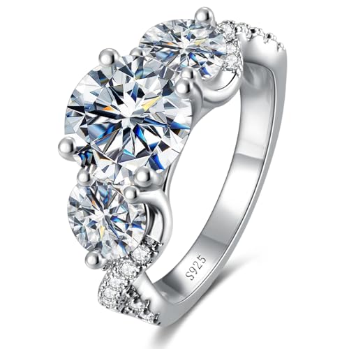 4.6CT 3 Stone Moissanite Engagement Ring, D Color VVS1 Round Cut 925 Sterling Silver Anniversary Wedding Promise Ring for Women, Size 5-10