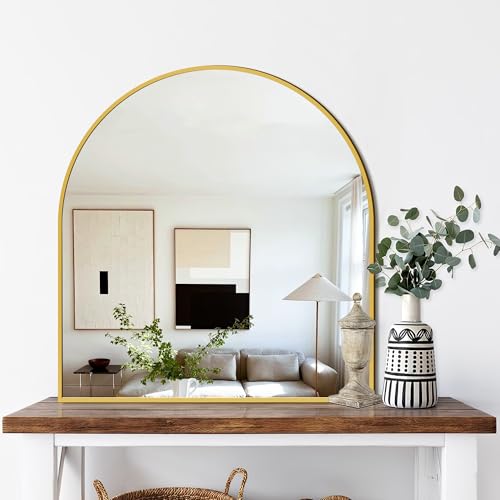 FICTOR Bathroom Vanity Mirror for Wall,32x30 Arched Metal Framed Bathroom Mirror for Over Sink,Entryway,Living Room,Bedroom(Gold)