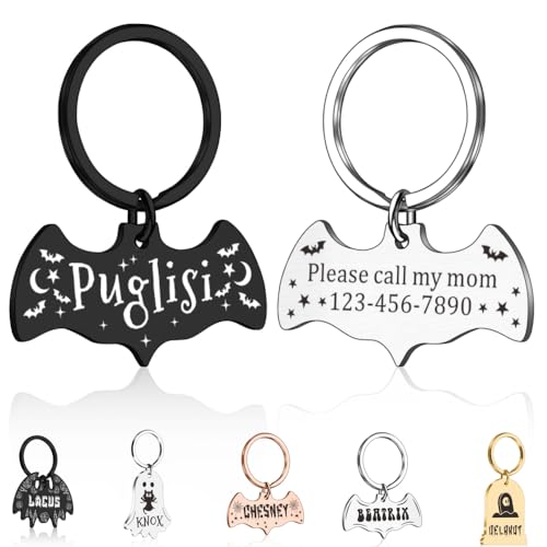 Dog Tags Personalized for Pets - Bat Shape Dog Tag, Customized Pet ID Tag for Black Cat, Witch Friendly Cat Tags, Funny Spooky Dog Name Tag, Stainless Steel Dog ID Tag Engraved on Both Sides