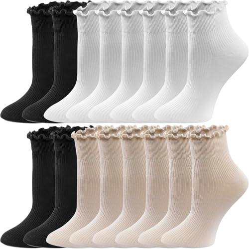 Image of 8 Pairs Cute Ruffle Frilly Ankle Socks Women, Lace Lettuce Socks