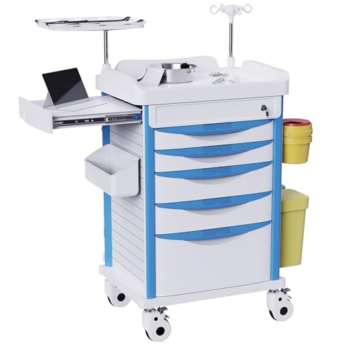 OLERN Rolling Medical Storage Crash Cart with Drawers - Adjustable IV Pole, Silent Casters, Needle Disposal Holder, Trash Bin, O2 Holder - Nursing Trolley Cart for Clinic, Hospital and Home Use