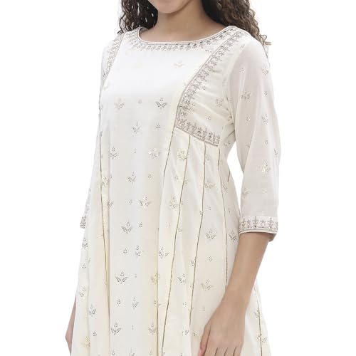 Image of Biba Women 100% Cotton 3 /4 Sleeve Round Neck Kalidar Printed Suit Set