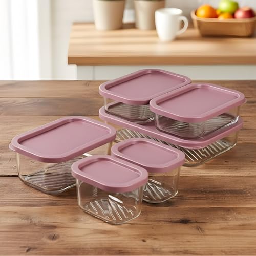 Image of Femora Borosilicate Glass Food Storage Containers with Lids Set of 6 (310ml x2, 520ml x2, 750ml, 1200ml | Rectangular, Airtight & Leakproof | Microwave & Dishwasher Safe | Maroon