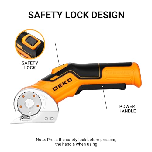 Image of Cordless Electric Scissors Cardboard Cutter: DEKOPRO 4V 2000mAh Electric Box Cutter, Rechargeable Power Rotary Cutting Tool with Safety Lock, 389g Carpet Scissors with 2 Blade, Type-c(Yellow)
