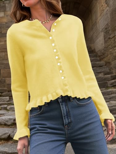 Image of Saodimallsu Womens Ruffle Cardigan Sweaters Button Up Crew Neck Long Sleeve Cropped Sweater Cute Soft Knit Tops