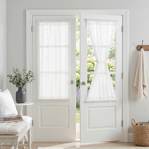 Image of MYSKY HOME White Lace French Door Curtains 40 inch Long 2 Panels Boho Sheer Floral Curtains for Door Window Scalloped Doorway Sidelight Curtains Come with 2 Matching Tie-Backs, 26 inch Wide Each Panel