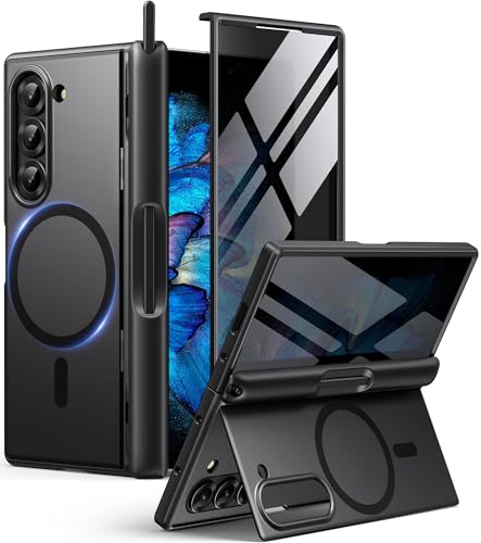 BERFY for Z Fold 6 Case with Privacy Screen Protector, [Compatible with MagSafe] Built-in Kickstand & S Pen Slot & Hinge Protection, Full Body Shockproof Phone Case for Samsung Galaxy Z Fold 6, Black