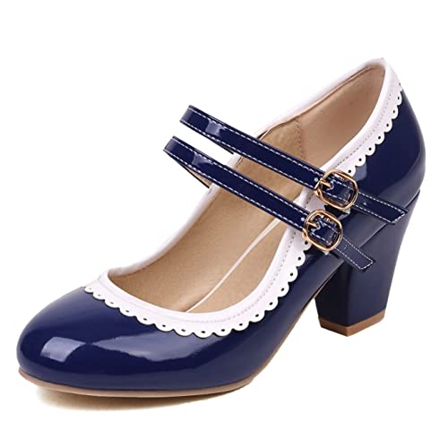 Elbslutt Women's Rockabilly Shoes Chunky Mary Janes Patent Leather Ankle Double Strap Block Heel Pumps Cute Dressy Shoes