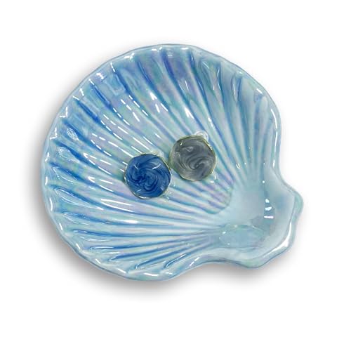 Shell Jewelry Dish Tray for Women, Ceramic Seashell Jewelry Ring Holder Dish, Jewelry Plate Trinket Dish for Necklace, Earring, Ring, Mother's Day Christmas Gift, 3.9", Sky Blue Iridescent Surface