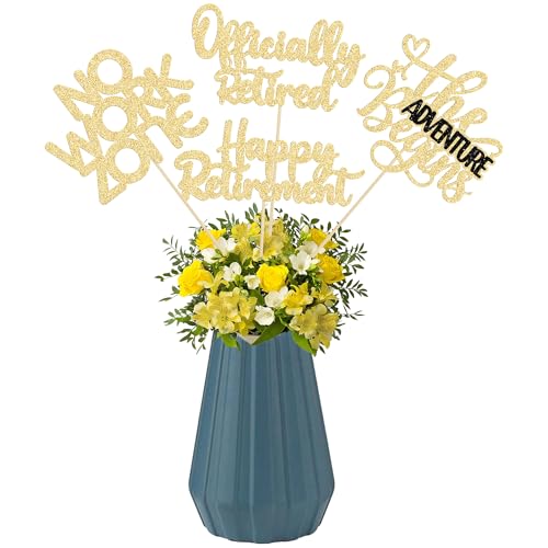 Ephlyn 16Pcs Happy Retirement Centerpiece Sticks Officially Retired Table Flower Centerpieces Sticks No Work Zone Floral Decorations for Farewell Birthday Party Centerpieces Supplies Gold